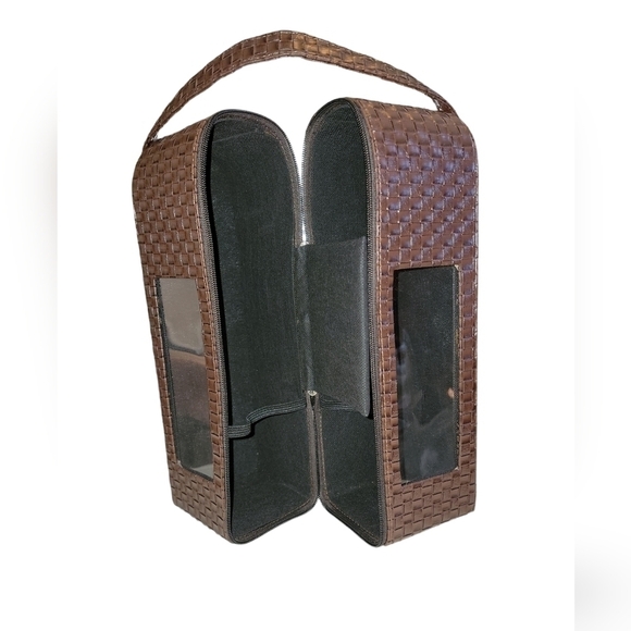 Double Wine Bottle Leather Look Carrier Case dark chocolate brown woven material - Picture 3 of 6